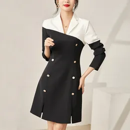 Casual Dresses Elegant For Women 2023 Autumn Notched Collar Office Lady Suit Dress Long Sleeve Fashion White Patchwork Black