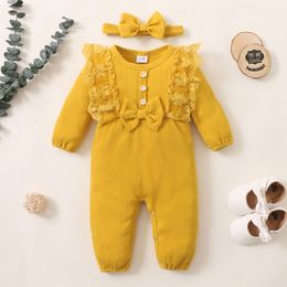 Rompers 0-18 months old baby girls' tight fitting clothes born baby girls' clothing solid lace long sleeved jumpsuit baby casual jumpsuit 230408