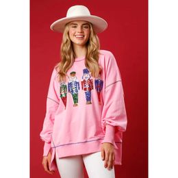 Women Hoodies Sweatshirts Christmas Pink Nutcracker Sweatshirt New Sequins Washed Versatile Crew Neck Top Sweater Clothes Womens