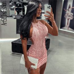 Casual Dresses Sequins Dress Summer Backless Bodycon Sleeveless Mini Party Outfits Club Night Tassels Bling Glitter Women