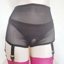 Sexy Black Mesh Garter Belt Stocking Pantyhose Open Crotch Shorts with Six Straps Suspender Belts for Women Men Lingerie