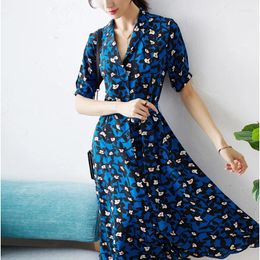 Casual Dresses Silk Night Fragrance Blue Floral Dress Short Sleeve Ruffle V Neck