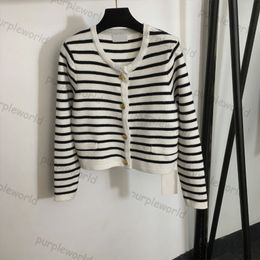 Womens Cardigan Black And White Stripes Matching Color Design Crew Neck Sweater Coat Long Sleeved Casual Knitted Cardigan