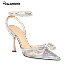 Sandals Brand Bling Rhinestones Double bowknot Women Pumps Sexy Ankle Strap Thin High heels Mules Summer Wedding Bridal Shoes 230408