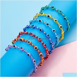 Beaded Fashion Rainbow Crystal Beads Evil Blue Eye Strands Bracelet For Couple Men Women Adjust Rope Luck Friends Hand Braid Jewellery D Dhvg1