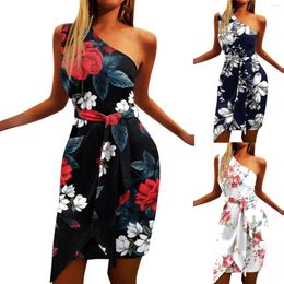 Casual Dresses Women One Shoulder Summer Dress Sexy&Club Sleeveless Tie Front Boho Mini Beach Sun Evening Vestido