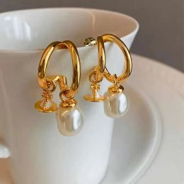 jewelry vivian earrings Empress Dowager Saturn Double Ring Shaped Pearl Earrings for Women's Fashion Sweet Small High Grade
