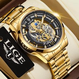 Wristwatches LIGE 2023 Men Watch Skeleton Automatic Quartz Gold Retro Man Top Mens Watches Reloj Hombre