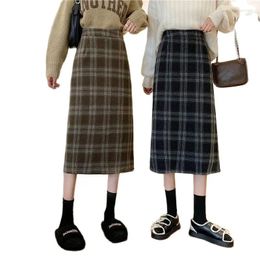 Skirts 2023 Winter Korean Women Woolen Skirt Long Design Plaid Printing Thick Warm Elastic High Waist Wrap Hip Fashion Girls