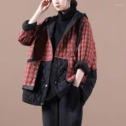Women's Trench Coats Winter Parkas 2023 Korean Hooded Loose Lattice Coat Female Fashion Down Cotton Women Outwear