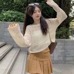 Women's Sweaters 2023 Fashion Long Sleeve Beige Sweater Hollow Out Solid Casual Tops Shirt Summer Knitted Pullovers