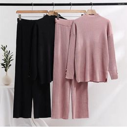 Women's Tracksuits Female Casual Knitted Suits 2023 Long Sleeves Pullover Wide Legs Pants Loose Home Wear Sweater Two Pieces Sets