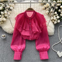 Women's Blouses Elegant Satin Ruffle Long Sleeve Blouse Chic Vintage Korean Fashion Crop Top Women Autumn Shirts Gothic Clothing
