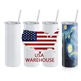 US STOCK 20oz Sublimation Straight tumblers Steel Straw Stainless tumbler Coffee Mug with Lids and Plastic Straws new ss0408