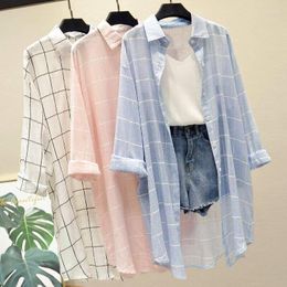 Women's Blouses 2023 Women Summer Thin Long Sleeve Plaid Shirt Female Loose Chiffon Kimono Cardigan Ladies Sun-protective Blouse Tops