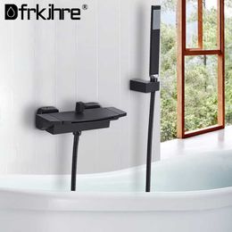 Bathroom Shower Sets Mixer Tap Black Chrome Faucets Set Waterfall 2 Ways Spout Bathtub Faucet With Storage Shelf