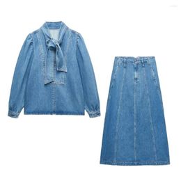 Women's Blouses Women 2023 Spring Fashion Bow Accessories Denim Vintage Long Sleeve Female Shirts Chic Tops