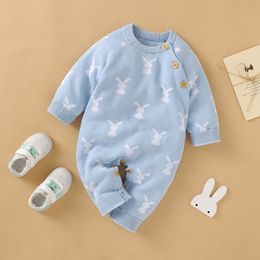 Rompers Baby jumpsuit cotton knitted born boys and girls jumpsuit long sleeved autumn and winter clothing cute rabbit Onesie 230408