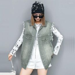 Women's Vests Spring Autumn Women Fashion Diamond Frayed Burrs Denim Vest Casual Lapel Single-breasted Sleeveless Jeans Waistcoat Female