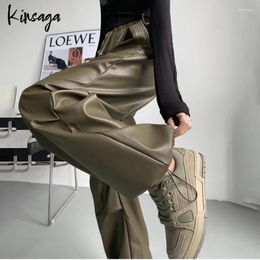 Women's Pants Elastic High Waist Cargo Faux Leather Women Green Retro Casual Loose Lace Up Patchwork PU Long Trousers Female