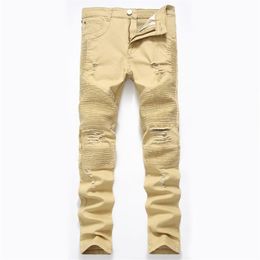 Khaki Biker Jeans Pleated Design Mens Skinny slim Stretch Denim pants Hip-Hop Street Destroyed Ripped Jean 28-42252h