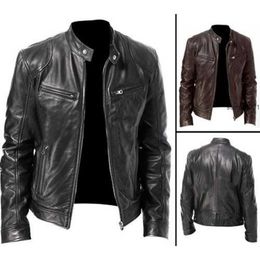 Men's Jackets Autumn Winter Leather Coats Stand Collar Zipper Black Motor Biker Motorcycle Leather Jackets Qrnu