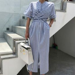 Korean Women Summer Cotton Blue Striped Bandage Split Long Dress Female Long Bodycon Plus Size Vestido Robe Femme Ete Sukienki MX2257K