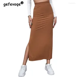 Skirts 2023 Autumn Fashion Elegant Rib Knit Sexy Split Bodycon Midi For Women High Waist Solid Colour Streetwear Pencil Skirt