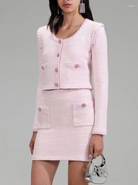 Work Dresses Women Pink Knit Sweet Suit A-line Mini Skirt Or O-neck Single Breasted Long Sleeve Short Cardigan For Female 2023 Spring Summer