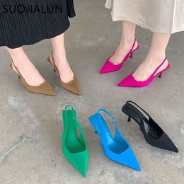 Sandals SUOJIALUN Fashion Thin High Heels Slingback Pointed Toe Slip On Mules Shoes Ladies Elegant Shallow Pumps Party Dress Sho 230408