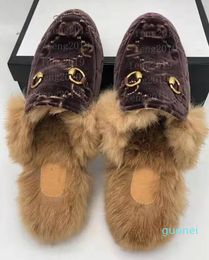 Designer leather fur slippers for men and women top quality fluffy furry lazy loafers winter plush slippers large