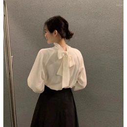 Women's Blouses Female Roupas Femininas Stand Neck Back Lace Bow Design Loose Long Sleeve Shirt Top Up Blouse Blusas Mujer Black Shirts Chic