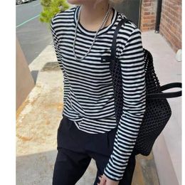 Women's T Shirts Woman Clothing Design Sense Nice Round Neck Striped Knit 2023 Early Autumn Loose Fitting Long Slept Top Wholesale