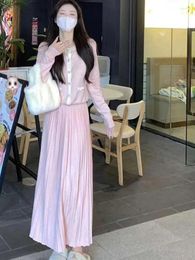 Work Dresses Autumn Office Lady Two Piece Set Women Elegant Party Knitted Long Skirt Suit Female Korean Style Solid Ruched Sweet 2023