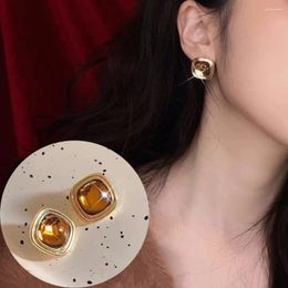 Stud Earrings OL Office Lady Style Square Girls Autumn Winter Caramel Colour Artifical Stone Gold Plated Trendy Jewellery