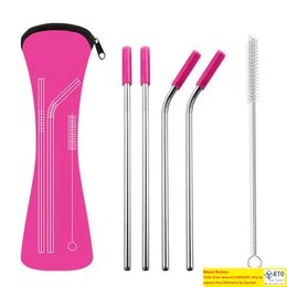 6Pcsset Reusable Stainless Steel Straight Bent Drinking Straws with Silicone Tips for Cold Beverage Drink Bar Tools