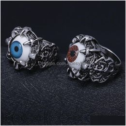 Band Rings Wholesale Uni Punk Retro Dragon Claw Red Evil Eye Skl Stainless Steel Biker Ring Drop Delivery Jewellery Ring Dhgy1