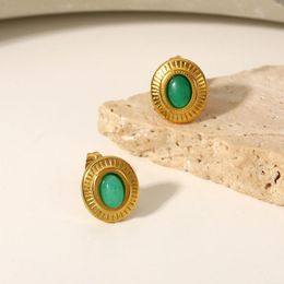 Stud Earrings RHYSONG Vintage Natural Green Jade Brown Opal Stone Delicate Studs Women Stainless Steel Fashion Personality Jewelry