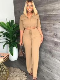 Women's Two Piece Pants Elegant Lounge Sets Safari Styie Sweatsuits Polo Neck Short Sleeve Crop Top And High Waist Straight Trousers