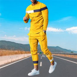 Men's Tracksuits Long sleeved 2-piece men's casual sports pants set 3D printed Colour sweatshirt O-neck street set autumn fashion clothing 230408