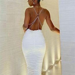 Sexy Backless Halter Bodycon Midi Dress Women Elegant White Ruched Bandage Party Evening Black Dresses Summer Club Outfits 220325294l