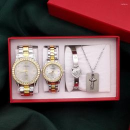 Wristwatches Couple Set Of Watches Women And Men Stainless Steel Clocks With Lovers Jewellery Key Pendant Necklace