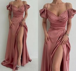 Dusty Pink Evening Dresses 2023 New Sexy Spaghetti Straps Beaded Sweetheart Front Split Long Satin prom Gowns BC15761