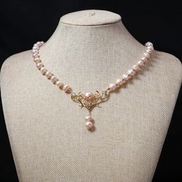 Pendant Necklaces Natural Freshwater Pearl Necklace Pink Round Shape Exquisite Accessories Women Personality Necklace Girls Wedding Party Jewelry 231108