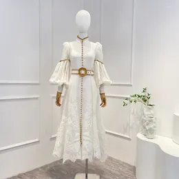 Casual Dresses 2023 Top Quality Spring Summer Linen Silk Solid White Hook Flower Hollow Embroidery Court Style Mandarin Collar Midi Dress