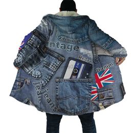 Men's Jackets HX Winter Cape Fake Vintage Denim UK Flag Pocket 3D Printed Hooded Cloak for Men Windproof Fleece Hoodie Blanket Mens Coatszln231108