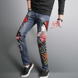 Men's Jeans Fashion Lady Printed Men Slim Straight Blue Long High Quality Designer Pants Nightclubs Singers Size 29-38