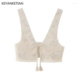 Women's Tanks KEYANKETIAN Beaded Piece Embroidery Tassel Ornament Short Style Lace-up Vest Women Ethnic Wind Sleeveless Top Beige