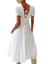 Casual Dresses Women S Summer Short Sleeve Dress Eyelet V-Neck Flowy Sundress A-Line Backless Tie Up