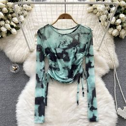 Women s T Shirt Chic Tie Dye Print Mesh T Shirt Drawstring Bandage Vintage Top Sexy Bodycon Crop Long Sleeve Tee Streetwear Y2k l230407